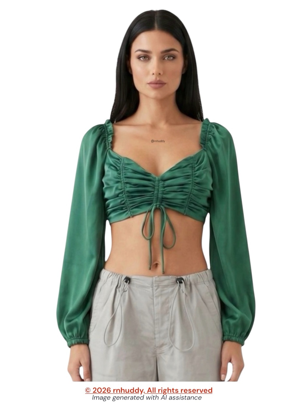 Urban Outfitters XS satin Green Ruched crop Puff Sleeve Blouse
